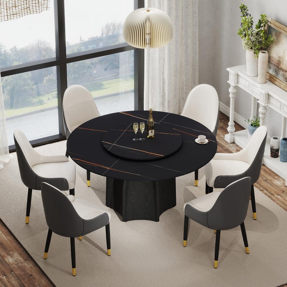 59 in. Black Rotable Lazy Susan Sintered Round Stone Tabletop Black Pedestal Base Kitchen Dining Table (Seats-8)