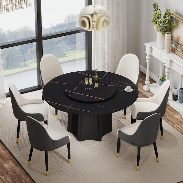 Magic Home 59 in. Black Rotable Lazy Susan Sintered Round Stone Tabletop Black Pedestal Base Kitchen Dining Table (Seats-8)