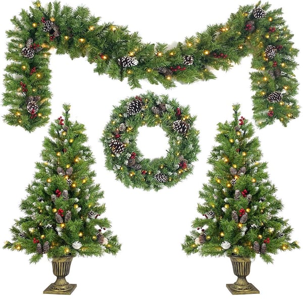 Unbranded 4 ft. Pre-Lit Artificial Christmas Tree 4-Piece Christmas Sets with LED Lights, PVC Tips, Pinecones and Red Berries