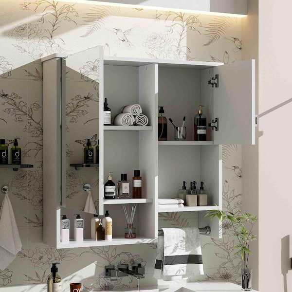 29.52 in. W x 27.84 in. H Rectangular MDF Medicine Cabinet in White with Mirror and Towels Bar