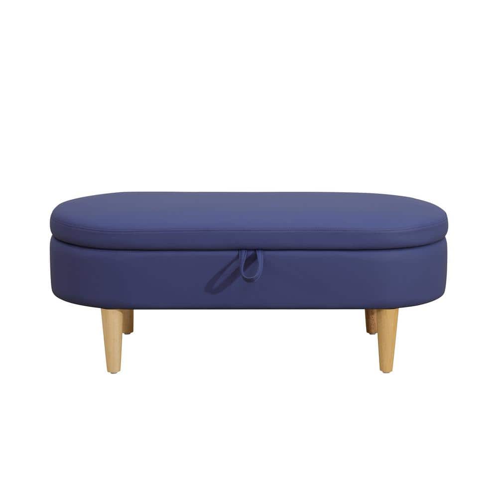 Blue Faux Fur Oval Ottoman with Storage