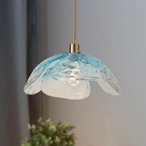 60-Watt 1-Light Sky Blue Pendant Light with 4 Leaves Glass Shade, No Bulbs Included