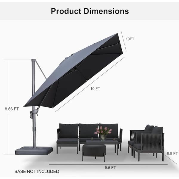 10 ft. Square Outdoor Patio Cantilever Umbrella Aluminum Offset 360° Rotation Umbrella in Dark Gray