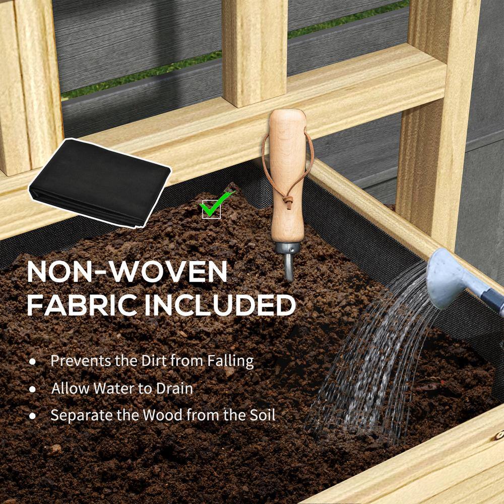 Natural Fir Wood Raised Planter Box with Trellis and Storage Shelf