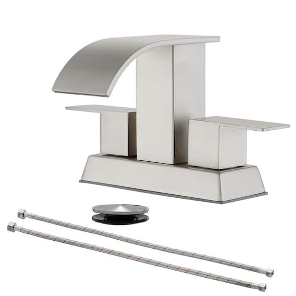 AIMADI 4 in. Centerset Double Handle Bathroom Faucet with Pop-Up Drain 3 Hole Waterfall Bathroom Vanity Taps in Brushed Nickel