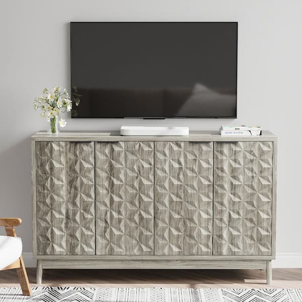 Modern Gray MDF Buffet Cabinet with 4 Diamond Relief Doors, Adjustable Shelves and Ample Storage