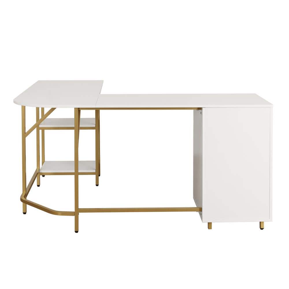 Gold and White L-Shaped Computer Desk with Drawers