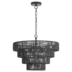 6-Light Black Bohemian Drum Hanging Pendant Light with 4-Tier Woven Shade