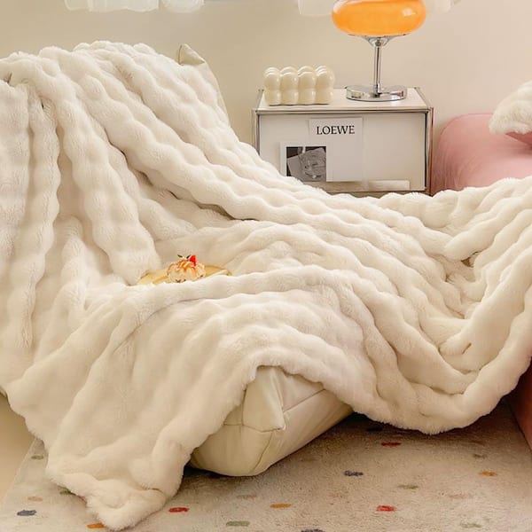 Goolela LATB Furry Fluffy White Faux Fur Throw Blanket Queen Size 60 x 80 in.