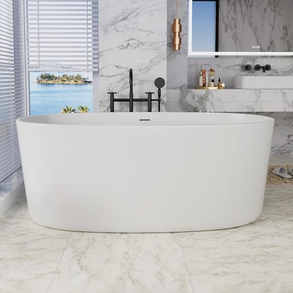 INSTER LOOP 63 in. Acrylic Oval Freestanding Soaking Non-Whirlpool Flatbottom Bathtub in White