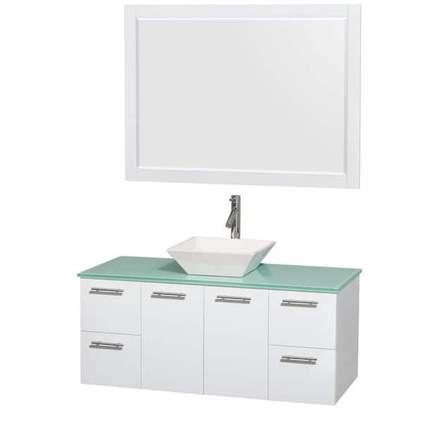 Wyndham Collection Amare 48 in. Vanity in Glossy White with Glass Vanity Top in Green, Porcelain Sink and 46 in. Mirror