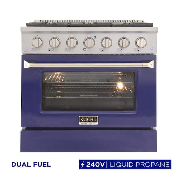36 in. 5.2 cu. ft. LP Ready Dual Fuel Range with Gas Stove and Electric Oven with Convection Oven in Blue
