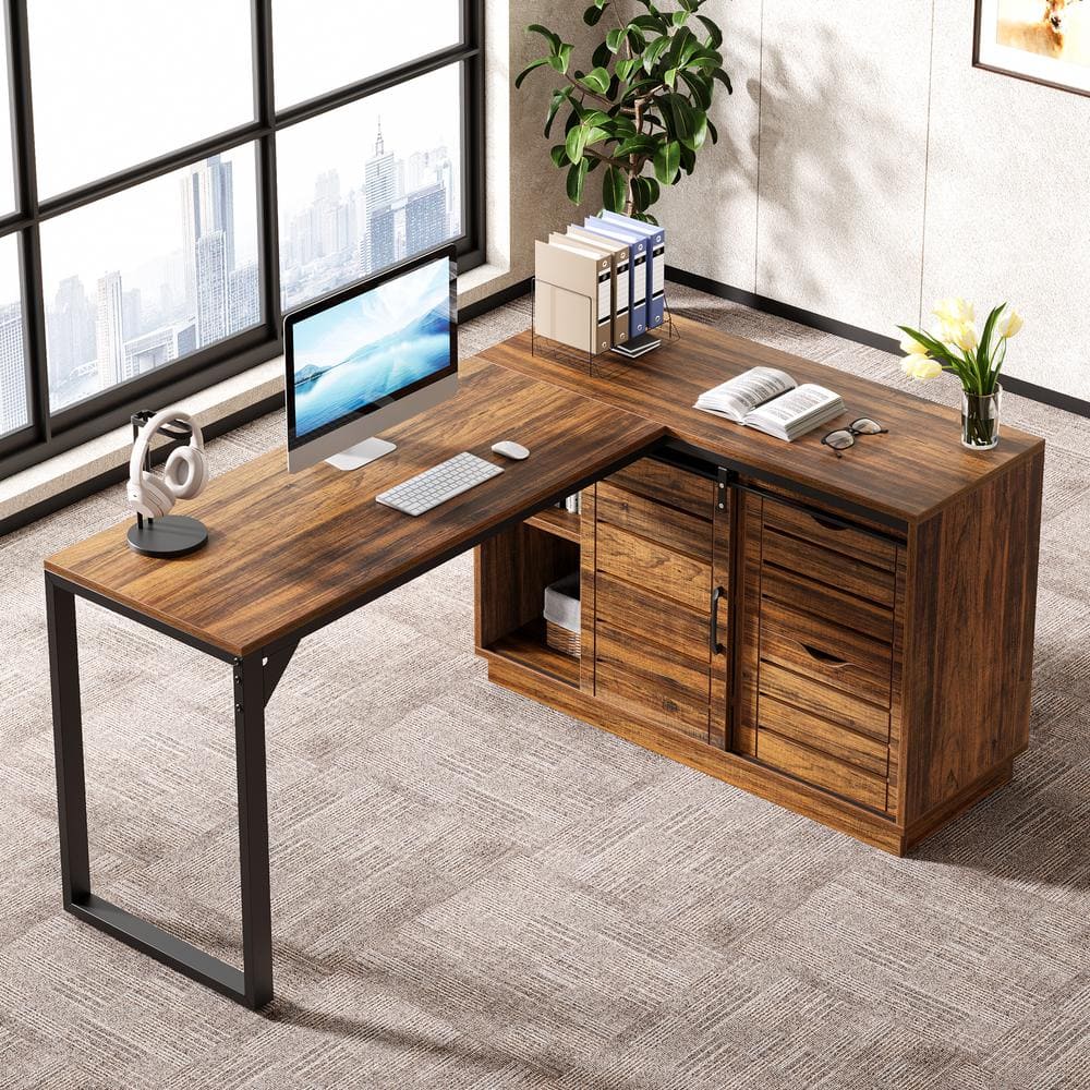 55 in. L-Shaped Brown Wood Computer Desk with File Drawers and Sliding Doors, Office Workstation for Home Office