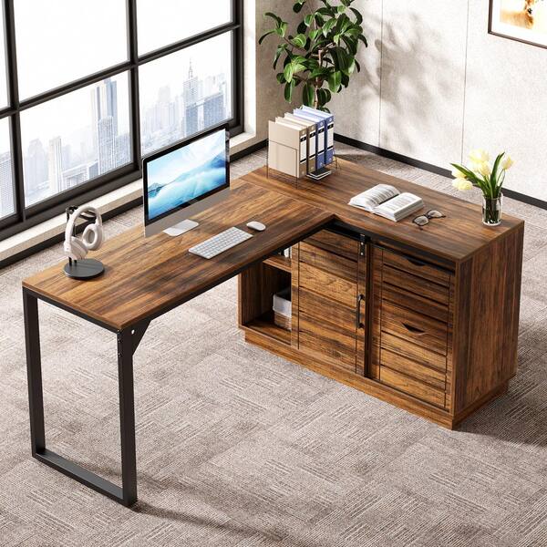 BYBLIGHT 55 in. L-Shaped Brown Wood Computer Desk with File Drawers and Sliding Doors, Office Workstation for Home Office
