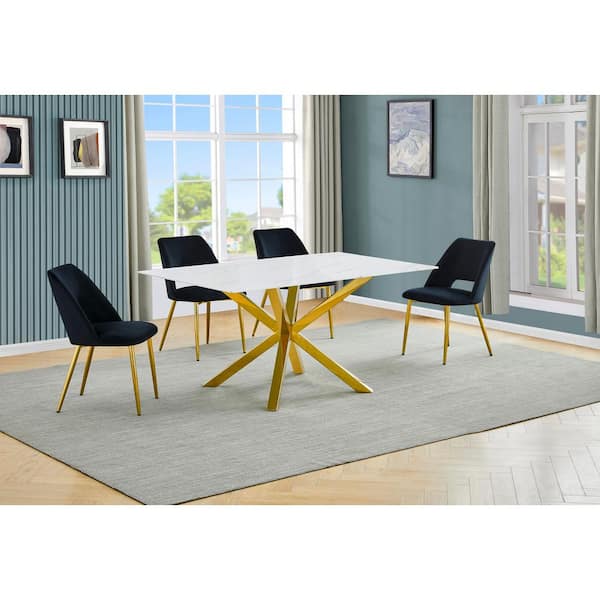 Best Quality Furniture Riley 5-Piece White Marble Wrap Glass Top Cross Leg Base Dining Set with 4 Black Velvet Fabric Chairs