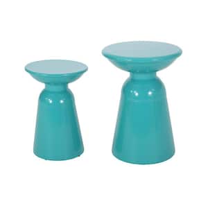 Teal Iron Outdoor Accent Table Modern Circular Pedestal Structure Minimalistic Design Powder-Coated for Patio Decor