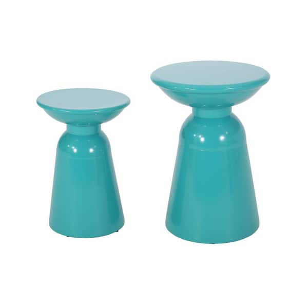ITOPFOX Teal Iron Outdoor Accent Table Modern Circular Pedestal Structure Minimalistic Design Powder-Coated for Patio Decor