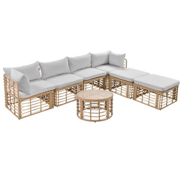 Cesicia 7-Piece Brown Rattan Wicker Outdoor Patio Furniture Sectional Sofa Set with Glass Table and Gray Thick Cushions