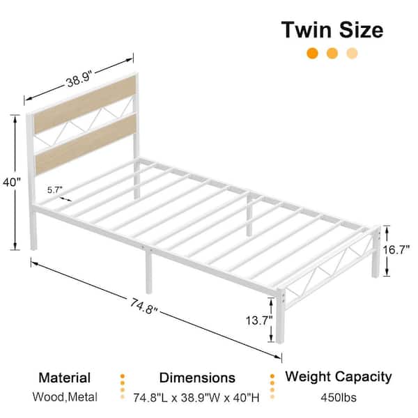 Metal Platform Bed Frame with Rustic Wooden Headboard, Heavy Duty Slats, Noise-Free, Easy Assembly White Twin Bed Frame