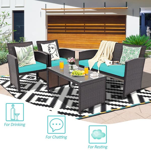 4-Piece Rattan Outdoor Patio Conversation Set Furniture Set with Turquoise Cushions