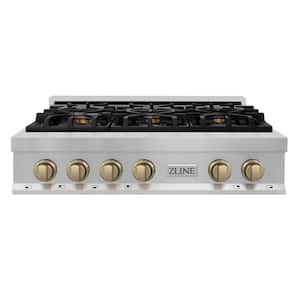 ZLINE Autograph Edition 36" Porcelain Range Top with 6 Gas Burners in Stainless Steel and Champagne Bronze Accents