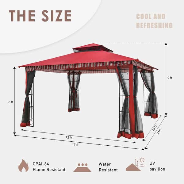 13 ft. x 11 ft. Red Steel Outdoor Patio Gazebo with Mosquito Netting