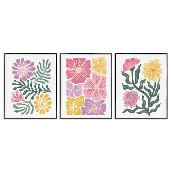 Minimal Spring Hue Flowers by Kim Allen 3 Piece Black Framed Nature Giclee Art Print 30 in. x 24 in.