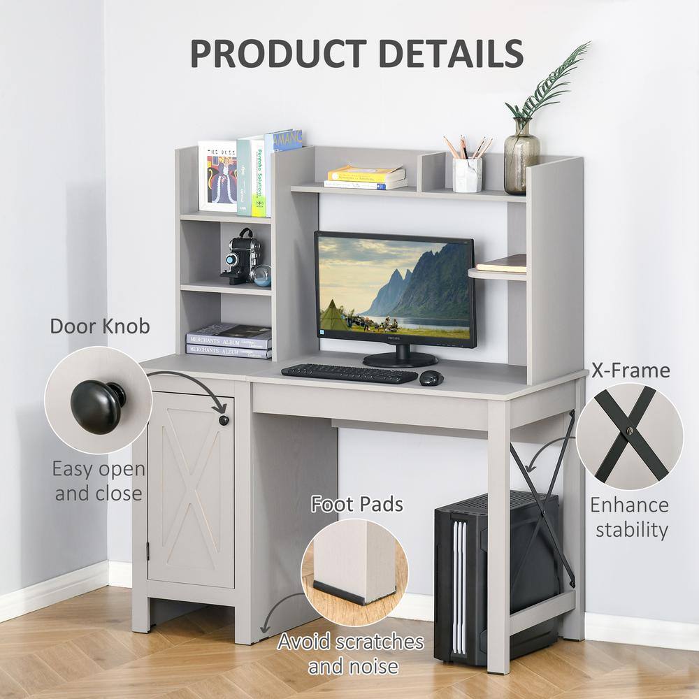 Modern Light Grey Wood Computer Desk with Hutch and Filing Cabinet