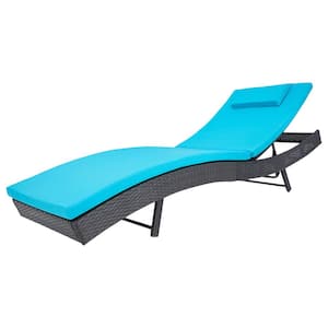 Adjustable Black Wicker Outdoor Chaise Lounge with Blue Cushions