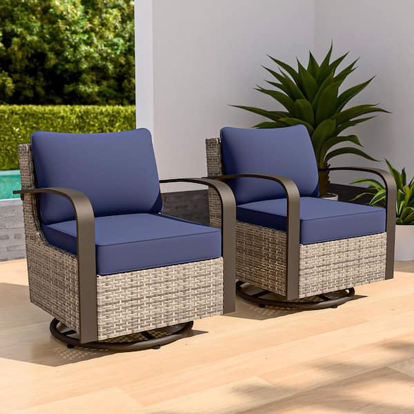 Ergonomic Armrest Brown Wicker Patio Swivel Glider Outdoor Rocking Chair with Blue Cushions (2-Pack)