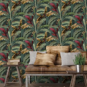 Into The Wild Green/Red Metallic Banana Tree Leaves Non-Pasted Non-Woven Paper Wallpaper Roll
