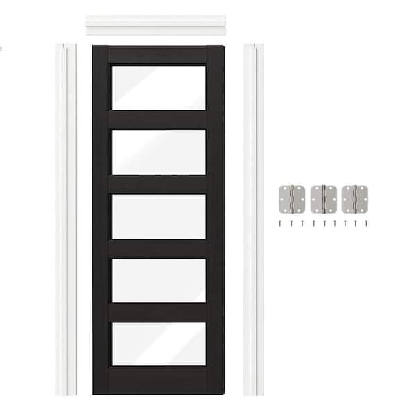 30in. x 80in. 5 Lite, Clear Glass, Black, Composite MDF Prehung Interior Door Left-Handed with Jamb and Hardware Kit