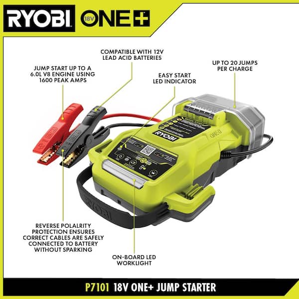 RYOBI ONE+ 18V Cordless 1600A Jump Starter with LED Work Light Kit with 2.0  Ah Battery and Charger P7110 - The Home Depot