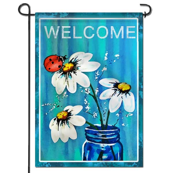 ANLEY 18 in. x 12.5 in. Double Sided Premium Spring Summer Daisy Jar and Ladybug Welcome Decorative Garden Flags Double Stitch