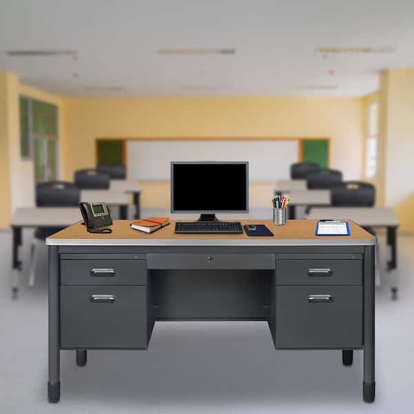60 in. Medium Oak Mesa Steel Double Pedestal Teacher's Office Desk with Center Drawer