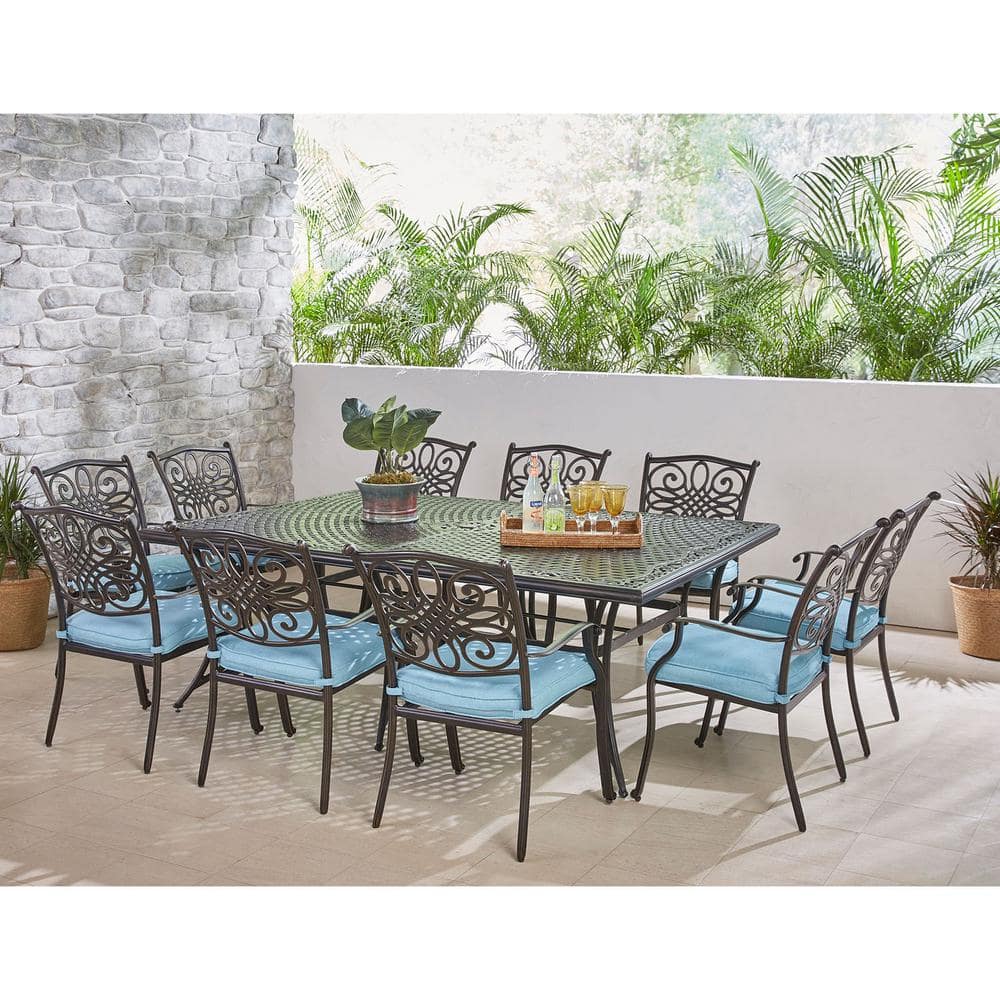 Hanover Traditions Elegant Bronze 11-Piece Outdoor Dining Set with Blue Cushions