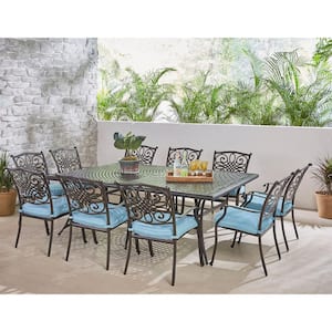 Traditions 11-Piece Aluminum Outdoor Dining Set with Blue Cushions
