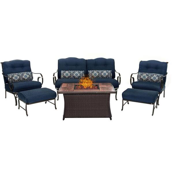 Hanover Oceana 6-Piece Patio Seating Set with Wood Grain-Top Fire Pit and Navy Blue Cushions
