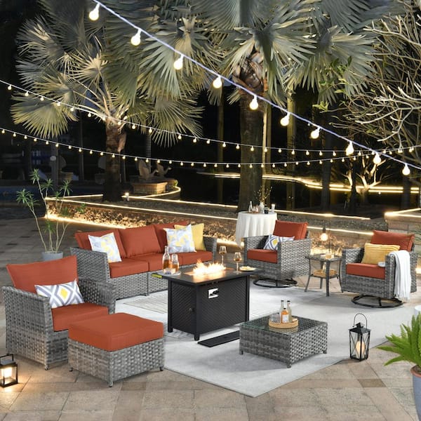 Toject Eufaula Gray 10-Piece Wicker Patio Fire Pit Conversation Sofa Set with Swivel Rocking Chairs and Orange Red Cushions