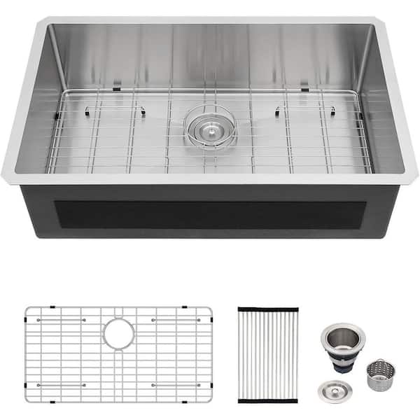 33 in. Undermount Sink Single Bowl Brushed 16-Gauge Stainless Steel Kitchen Sink with Bottom Grids