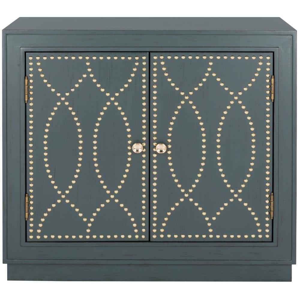 Steel Teal and Gold 2-Door Accent Cabinet with Mirror Panels