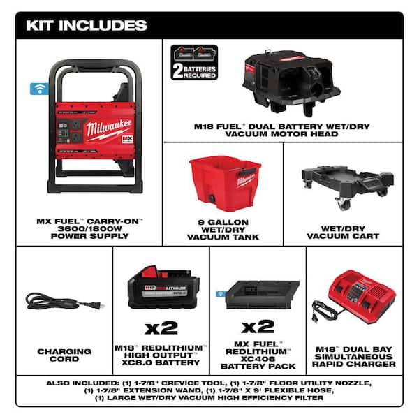 MX FUEL 3600-Watt/1800-Watt Battery Powered Push Start Generator with M18 FUEL 9 Gal. Cordless Wet/Dry Shop Vacuum Kit