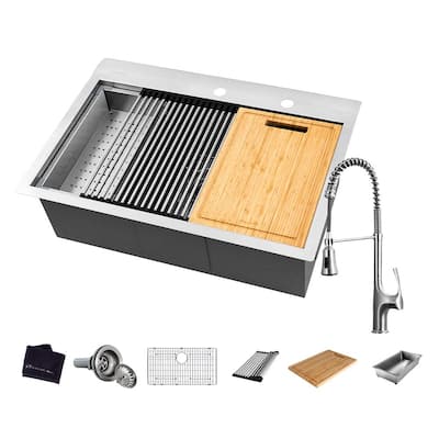 All-in-One 18 Gauge Stainless Steel 32 in. Single Bowl R0 Drop-In Workstation Kitchen Sink with Faucet and Accessories