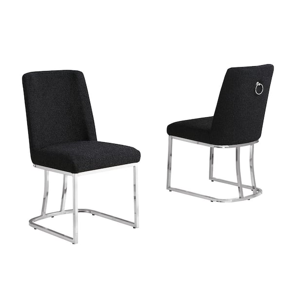 Best Quality Furniture Millie Black Boucle Fabric Side Chair Set of 2 with Chrome Plated Legs