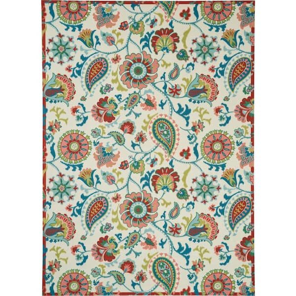 Waverly Sun N Shade Ivory 10 ft. x 13 ft. Floral Geometric Traditional Indoor/Outdoor Area Rug