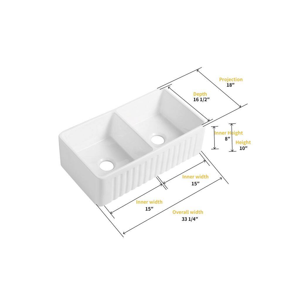 Cremona 33'' White Fireclay Double Bowl Farmhouse Sink