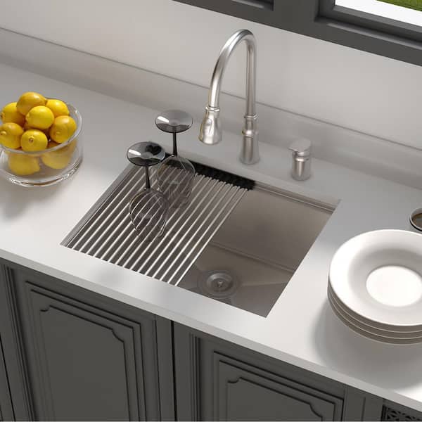 23 in. Stainless Steel 16-Gauge Single Bowl Undermount Workstation Kitchen Sink with Bottom Grid