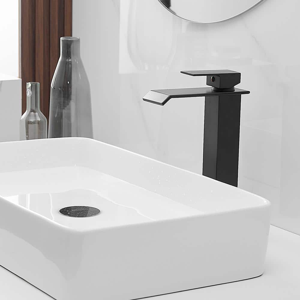 Matte Black Tall Waterfall Vessel Sink Faucet with Pop-Up Drain