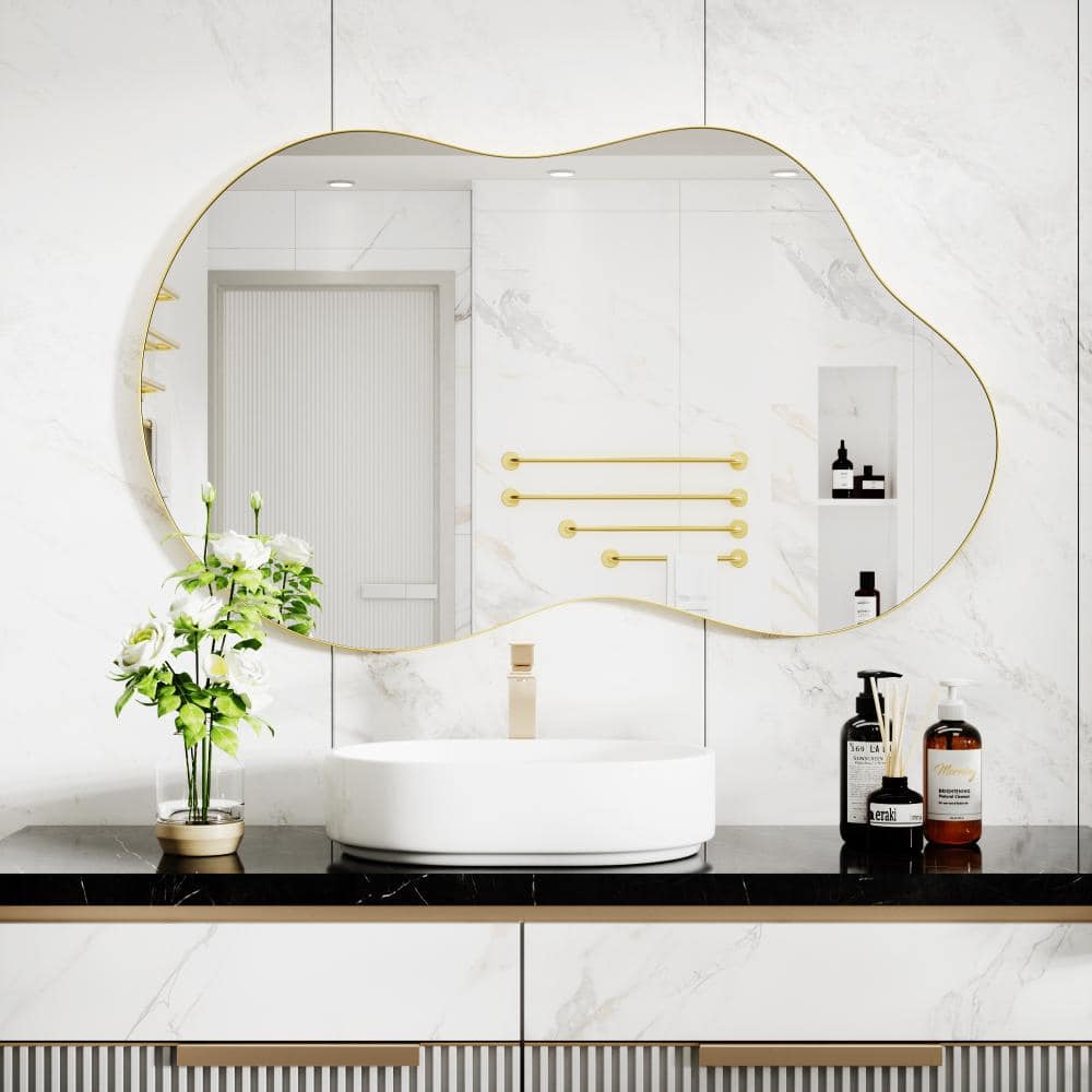 "46"" W x 26"" H Aluminum Framed Irregular, Bathroom Vanity Wall Mirror, in Gold, for Bedroom, Living Room" price history on PriceWatchPro