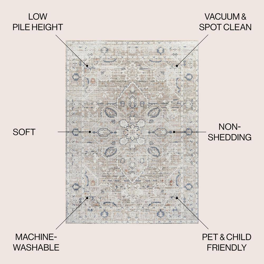 Light Gray and Brown Medallion Washable Synthetic Area Rug 4' x 6'